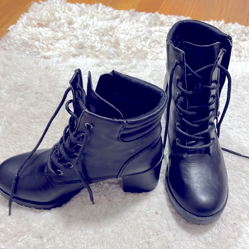 Black combat ankle boots with 2.5” heel